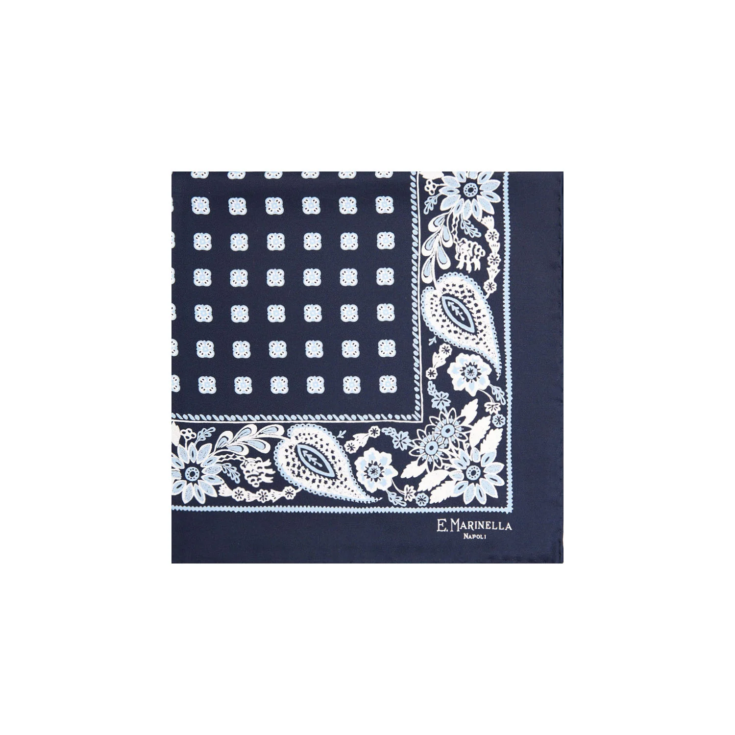 DARK BLUE HAND-PRINTED SILK POCKET SQUARE