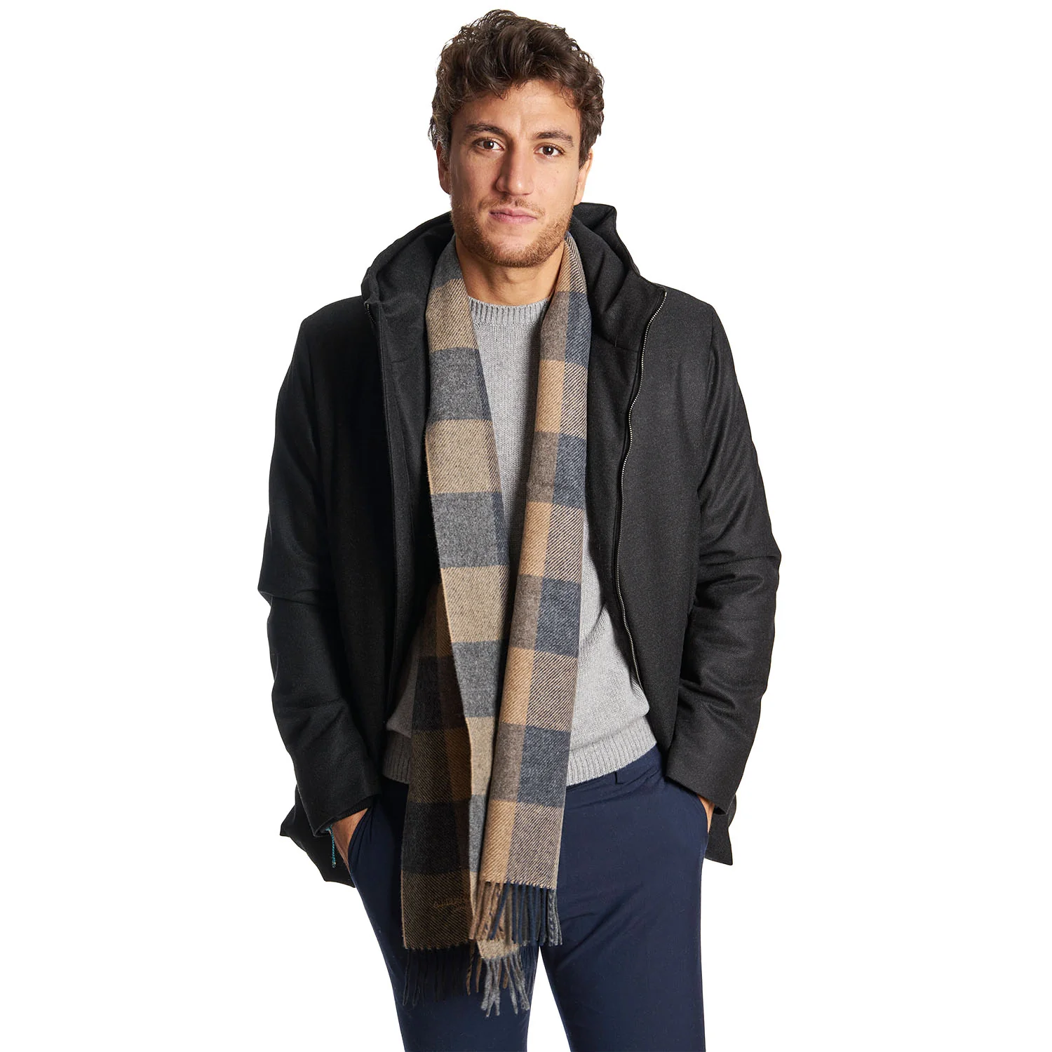 GREY AND BEIGE CASHMERE PLAID SCARF - Image 2